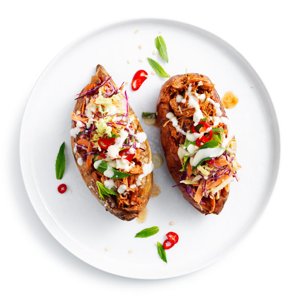 Split, stuff and share! Try our sweet potatoes split - with slaw and pulled pork.