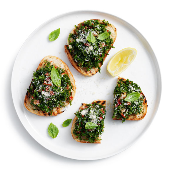 Bite sized goodness - kale bruschetta makes a healthy snack