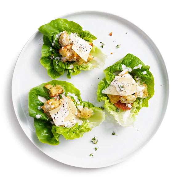 Perfect entree sizes caesar salad cups in little gem leaves