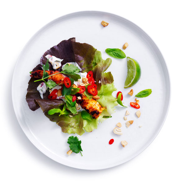Fresh, quick, and healthy – Try our tandoori prawns on mignonette lettuce with chilli lime mint yoghurt.