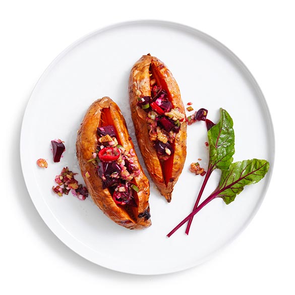 Split, stuff and share! Try our sweet potatoes split - with beetroot and walnut salsa.